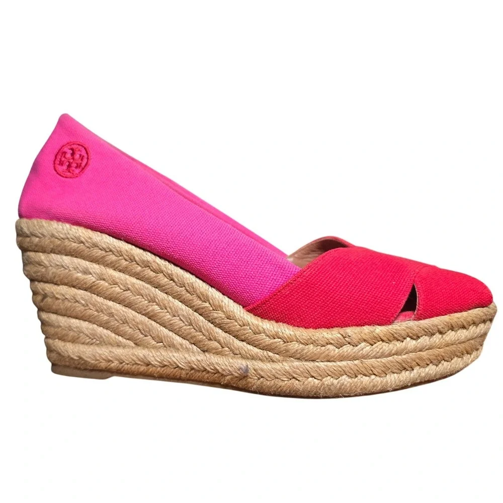 Tory Burch Womens Pink Red Canvas Espadrille Wedge Sandals Size 8.5 B Made Spain